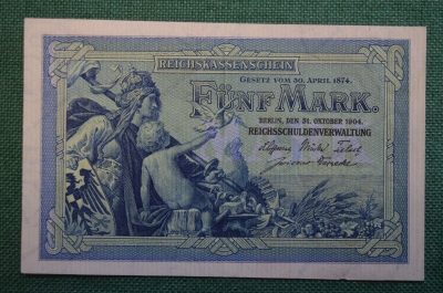 Бона, банкнота 5 марок 1904 год. Пять марок. Funf mark. Германская империя, Германия.