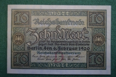 Бона, банкнота 10 марок 1920 год. Десять. Рейхсбанкнота. Zehn mark. Веймар, Германия. 