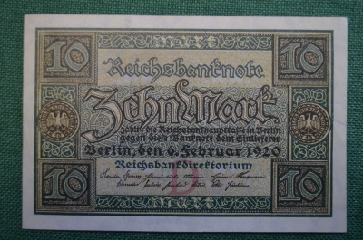 Бона, банкнота 10 марок 1920 год. Десять. Рейхсбанкнота. Zehn mark. Веймар, Германия. 