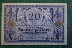 Бона, банкнота 20 марок 1917 год. Двадцать. Zwanzig mark. Германская Империя. Берлин, Германия. 