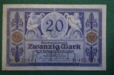 Бона, банкнота 20 марок 1917 год. Двадцать. Zwanzig mark. Германская Империя. Берлин, Германия. 