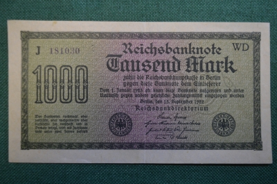 Бона, банкнота 1000 марок 1922 год. Одна тысяча. Рейхсбанкнота. Веймар, Германия.