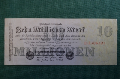 Бона, банкнота 10000000 марок 1923 год. Десять миллионов. Рейхсбанкнота. Веймар, Германия.