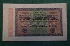 Бона, банкнота 20000 марок 1923 год. Двадцать тысяч. Рейхсбанкнота. Веймар, Германия. 