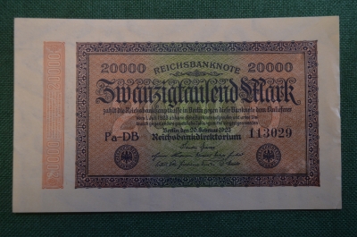 Бона, банкнота 20000 марок 1923 год. Двадцать тысяч. Рейхсбанкнота. Веймар, Германия. 