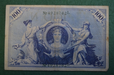 Бона, банкнота 100 марок 1908 год. Сто. Рейхсбанкнота. Германская империя, Германия. #2