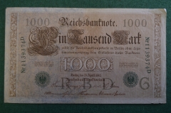 Бона, банкнота 1000 марок 1910 год. Одна тысяча. Рейхсбанкнота. Германская империя, Германия. #1