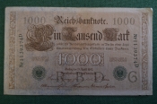 Бона, банкнота 1000 марок 1910 год. Одна тысяча. Рейхсбанкнота. Германская империя, Германия. #1