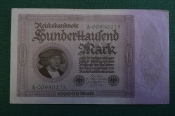 Бона, банкнота 100000 марок 1923 год. Сто тысяч. Рейхсбанкнота. Германская империя, Германия.