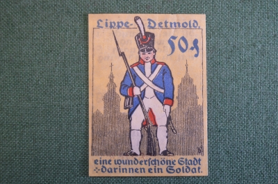 Нотгельд, бона 50 пфеннигов 1920 -е годы. Город Lippe Detmold, Детмольд. Солдат. Веймар, Германия.