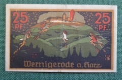 Нотгельд, бона 25 пфеннигов 1920 год. Город Wernigerode, Вернигероде. Ведьмы на метлах.