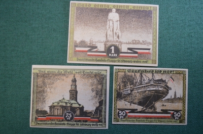 Нотгельд, бона 50, 75 пфеннигов, 1 марка 1921 год (3 шт). Город Hamburg, Гамбург. Культура и спорт.