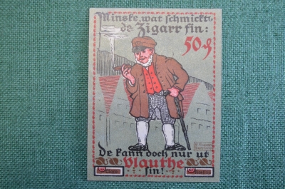 Нотгельд, бона 50 пфеннигов 1921 год. Город Vlotho, Флото. Мужик с сигарой. Веймар, Германия.