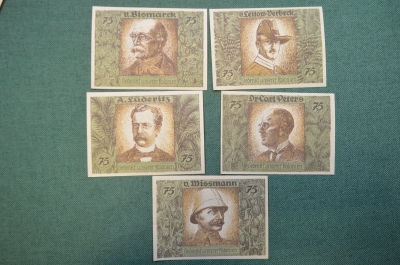 Нотгельд, бона 75 пфеннигов 1921 год (5 штук). Немецкая Африка, колонии. Бисмарк и прочие деятели.
