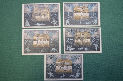 Нотгельд, бона 25, 50, 75 пфеннигов, 1 и 3 марки 1921 год (5 штук). Город Celle, Целле. Виды спорта.