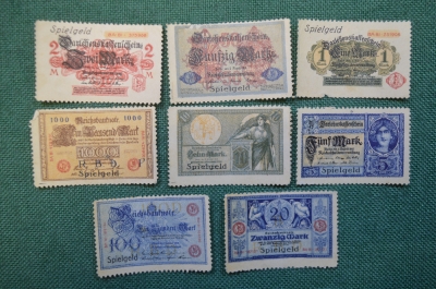 Марки Нотгельд, с изображением бон, банкнот Германской Империи (8 штук). Spielgeld. Германия.