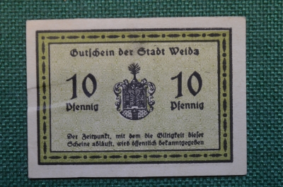 Нотгельд, бона 10 пфеннигов 1920 -е годы. Город Weida, Вайда. Веймар, Германия.