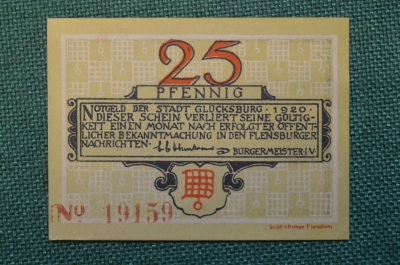 Нотгельд, бона 25 пфеннигов 1920 год. Город Glocksburg, Глюксбург. Веймар, Германия.