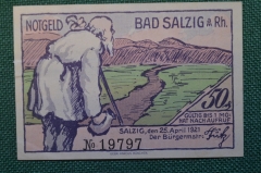 Нотгельд, бона 50 пфеннигов 1921 год. Город Bad Salzig, Зальциг. Старик с палкой у дороги. Германия.