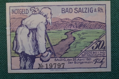Нотгельд, бона 50 пфеннигов 1921 год. Город Bad Salzig, Зальциг. Старик с палкой у дороги. Германия.