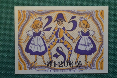 Нотгельд, бона 25 пфеннигов 1921 год. Город Sonneberg, Зоннеберг. Арлекин с девочками. Германия.