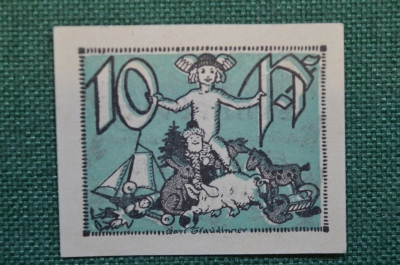 Нотгельд, бона 10 пфеннигов 1921 год. Город Sonneberg, Соннеберг. Ангел с кучей подарков. Германия.