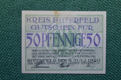 Нотгельд, бона 50 пфеннигов 1920 год. Город Bitterfeld, Биттерфельд. Веймар, Германия.