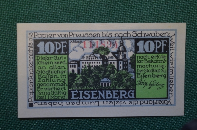 Нотгельд, бона 10 пфеннигов 1920 -е годы. Город Eisenberg, Эйзенберг. Веймар, Германия.