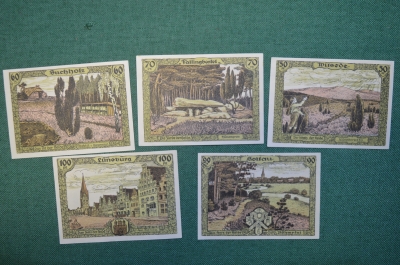 Нотгельд, бона 50, 60, 70, 90, 100 пфеннигов 1921 год (5 штук). Город Soltau, Солтау. Германия.