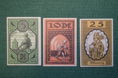 Нотгельд, бона 5, 10, 25 пфеннигов 1921 год (3 штуки). Город Merseburg, Мерзеберг. Ворона с кольцом.