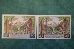 Нотгельд, бона 25, 50 пфеннигов 1921 год (2 штуки). Город Auma, Аума. Гном с грибами. Германия.