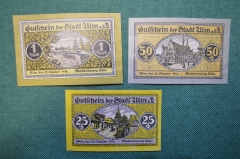 Нотгельд, бона 25, 50 пфеннигов, 1 марка 1918 год (3 шт.). Город Ulm, Ульм. Виды города. Германия. 