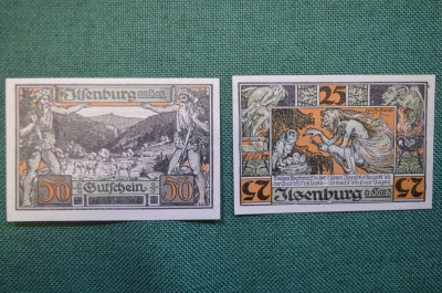 Нотгельд, бона 25, 50 пфеннигов 1921 год (2 штуки). Город Ilsenburg Ильзенбург. Ведьма и сова, олени