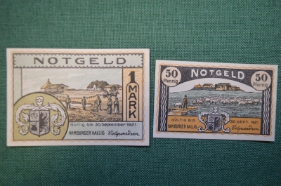 Нотгельд, бона 50 пфеннигов, 1 марка 1921 год (2 штуки). Город Hamburger Hallig, Хамбургер-Халлиг.