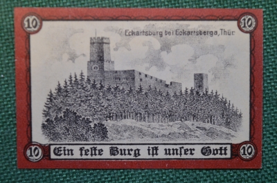 Нотгельд, бона 10 пфеннигов 1921 год. Город Thur, Тюр. Вид на крепость. Веймар, Германия.