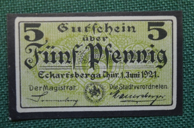 Нотгельд, бона 5 пфеннигов 1921 год. Stadtverordnete. Цитата из песни. Веймар, Германия.