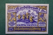 Нотгельд, бона 25 пфеннигов 1920 год. Город Rindelbruck, Риденбрук. Дети на палках. Веймар, Германия