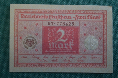 Бона, банкнота 2 марки 1920 год. Веймар, Веймарская Республика. Германия.