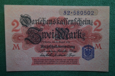 Бона, банкнота 2 марки 1914 год. Германская Империя. Германия.