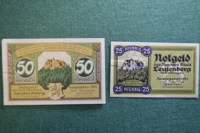 Нотгельд, бона 25, 50 пфеннигов 1921 год (2 штуки). Город Leutenberg, Лойтенберг, Германия.