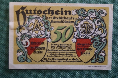 Нотгельд, бона 50 пфеннигов 1921 год. Город Munden, Мюнден. Памятный камень. Веймар, Германия. 