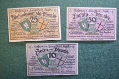 Нотгельд, бона 10, 25, 50 пфеннигов 1920 год (3 шт.). Город Masuren, Масурен. Польша, Германия.