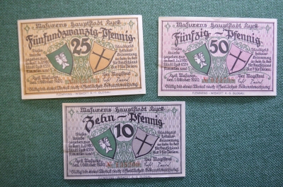 Нотгельд, бона 10, 25, 50 пфеннигов 1920 год (3 шт.). Город Masuren, Масурен. Польша, Германия.