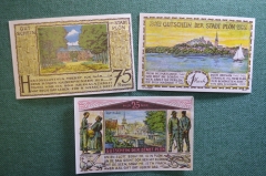 Нотгельд, бона 25, 75 пфеннигов, 1 марка 1921 год, город Plon, Плен. Рыбалка, виды. Германия.