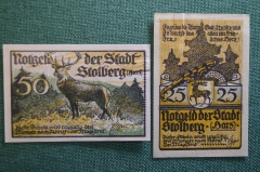 Нотгельд, бона 25, 50 пфеннигов 1920 -е годы, город Stolberg, Столберг. Олень. Германия.