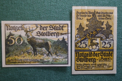 Нотгельд, бона 25, 50 пфеннигов 1920 -е годы, город Stolberg, Столберг. Олень. Германия.