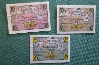 Нотгельд, бона 10, 25, 50 пфеннигов 1920 год (3 штуки), город Orlamunde, Орламюнде. Германия.