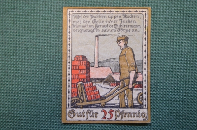 Нотгельд, бона 25 пфеннигов 1921 год, город Lage Lippe, Лаге Липпе. Кирпичный завод. Германия.