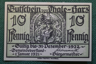 Нотгельд, бона 10 пфеннигов 1922 год, город Thale-Harz, Тале. Летающие всадники, сатана. Германия.