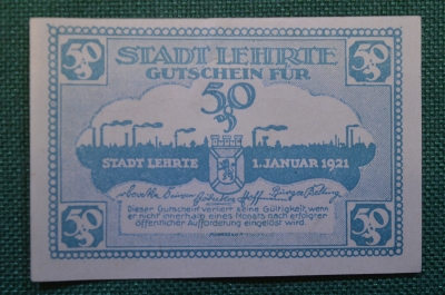 Нотгельд, бона 50 пфеннигов 1921 год, город Lehrie, Леер. Заводы. Германия.